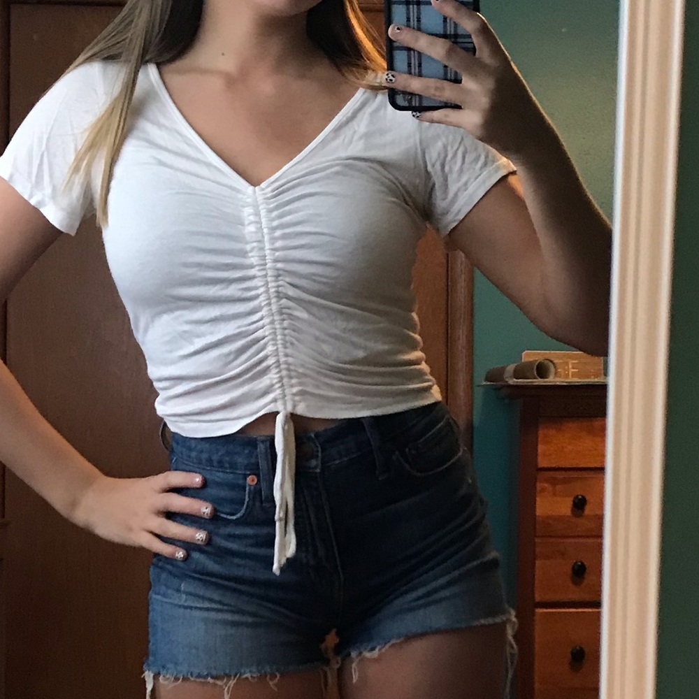 White front ruched drawstring top